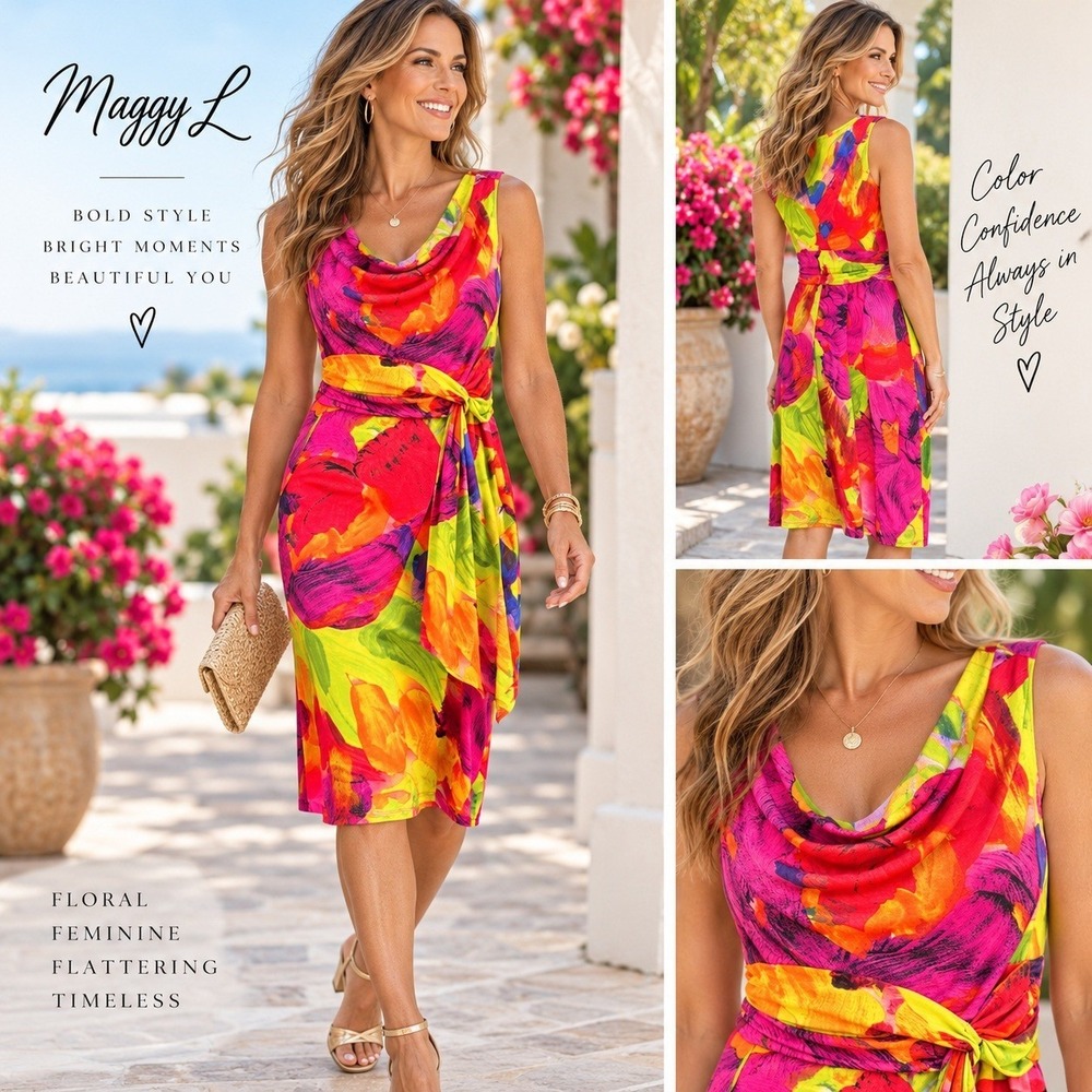 Maggy L Womens 4 Floral Dress Cowl Neck Tie Waist Sleeveless Stretch Midi